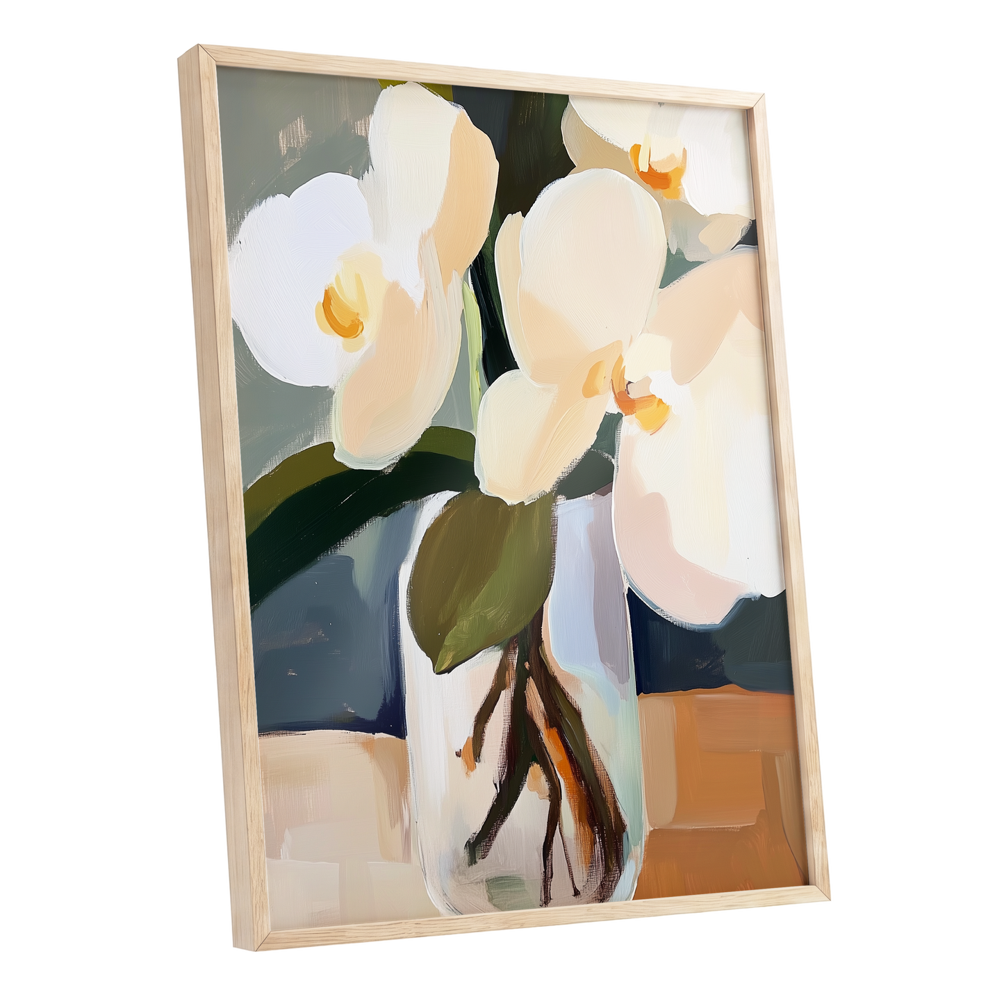Orchid Reverie, white, beige, green floral wall art shown as a oak framed poster wall art print