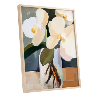 Orchid Reverie, white, beige, green floral wall art shown as a oak framed poster wall art print