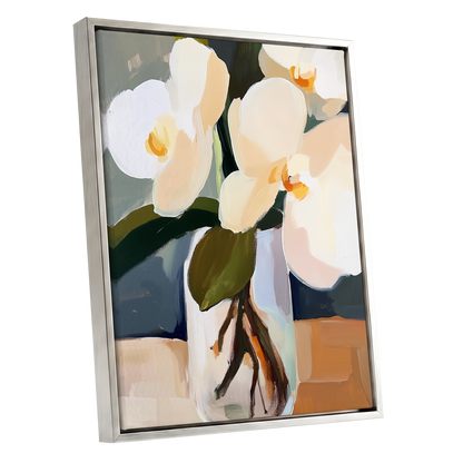 Orchid Reverie, white, beige, green floral wall art shown as a silver framed canvas wall art