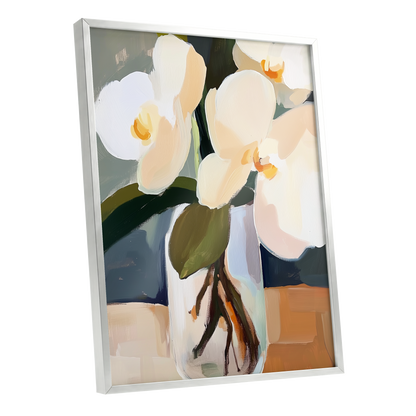 Orchid Reverie, white, beige, green floral wall art shown as a silver framed poster wall art print