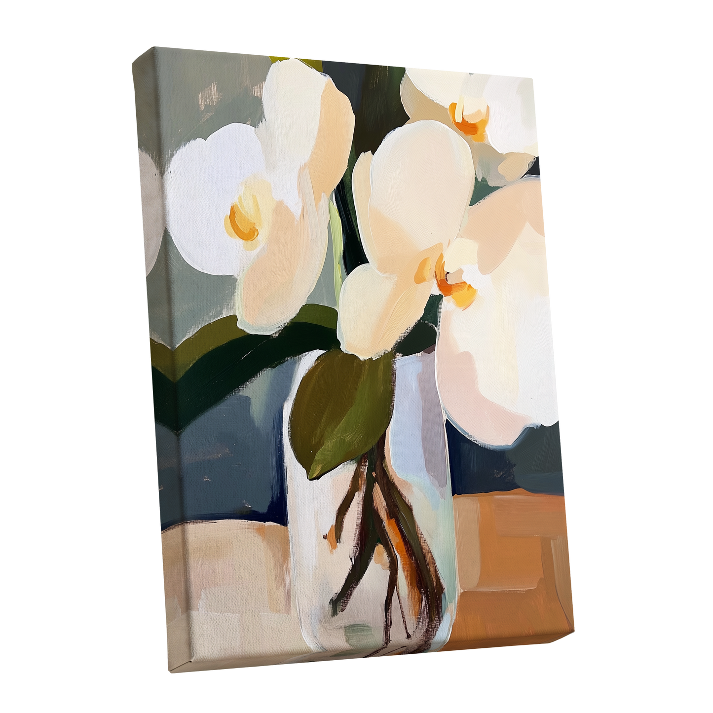 Orchid Reverie, white, beige, green floral wall art shown as a stretched canvas wall art