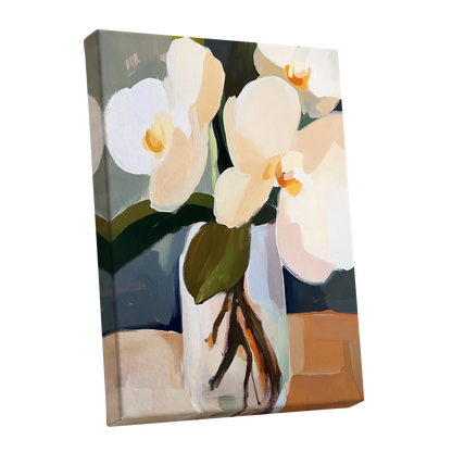 Orchid Reverie, white, beige, green floral wall art shown as a stretched canvas wall art
