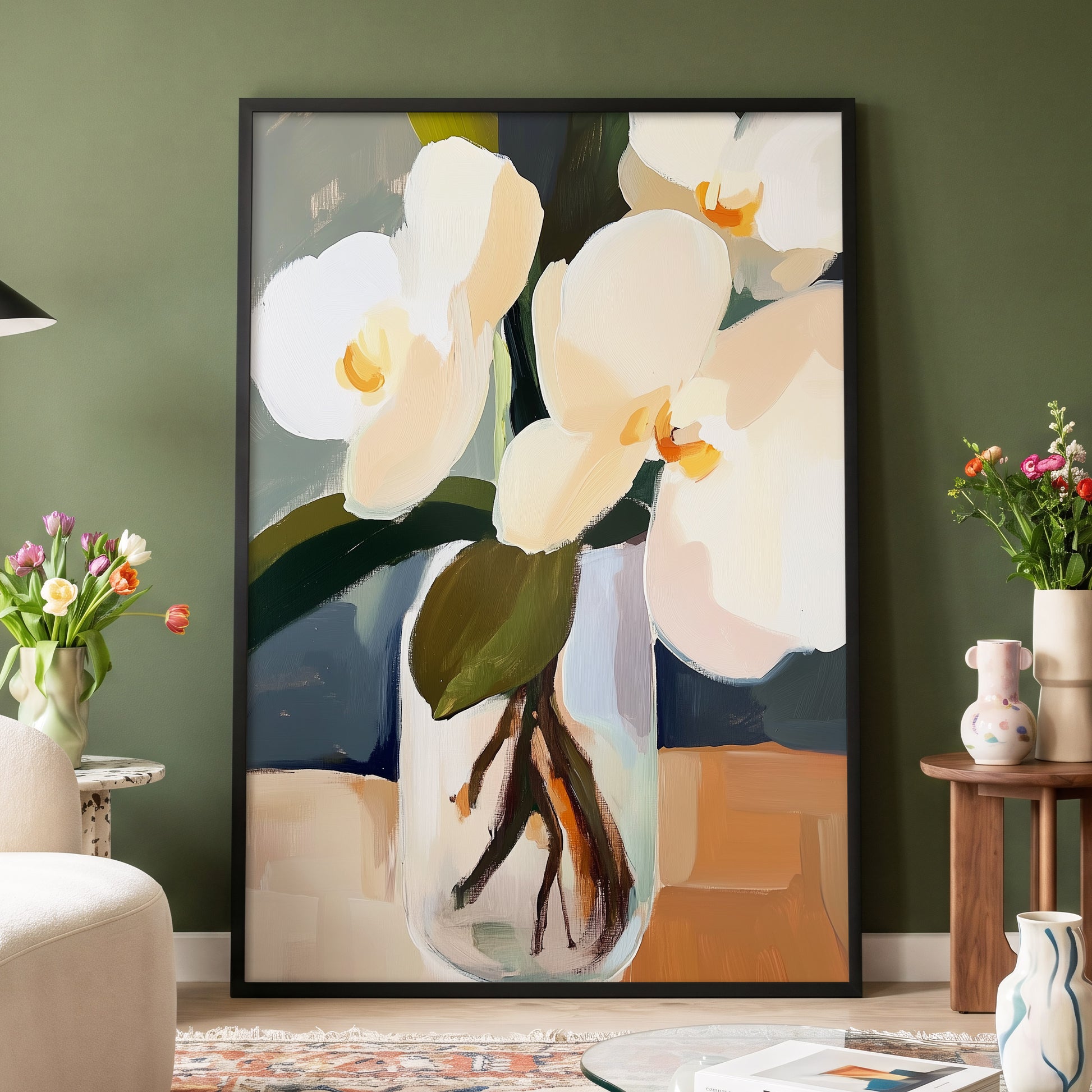 Orchid Reverie, white, beige, green floral wall art displayed in a styled interior, gallery view 2