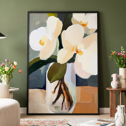 Orchid Reverie, white, beige, green floral wall art displayed in a styled interior, gallery view 2