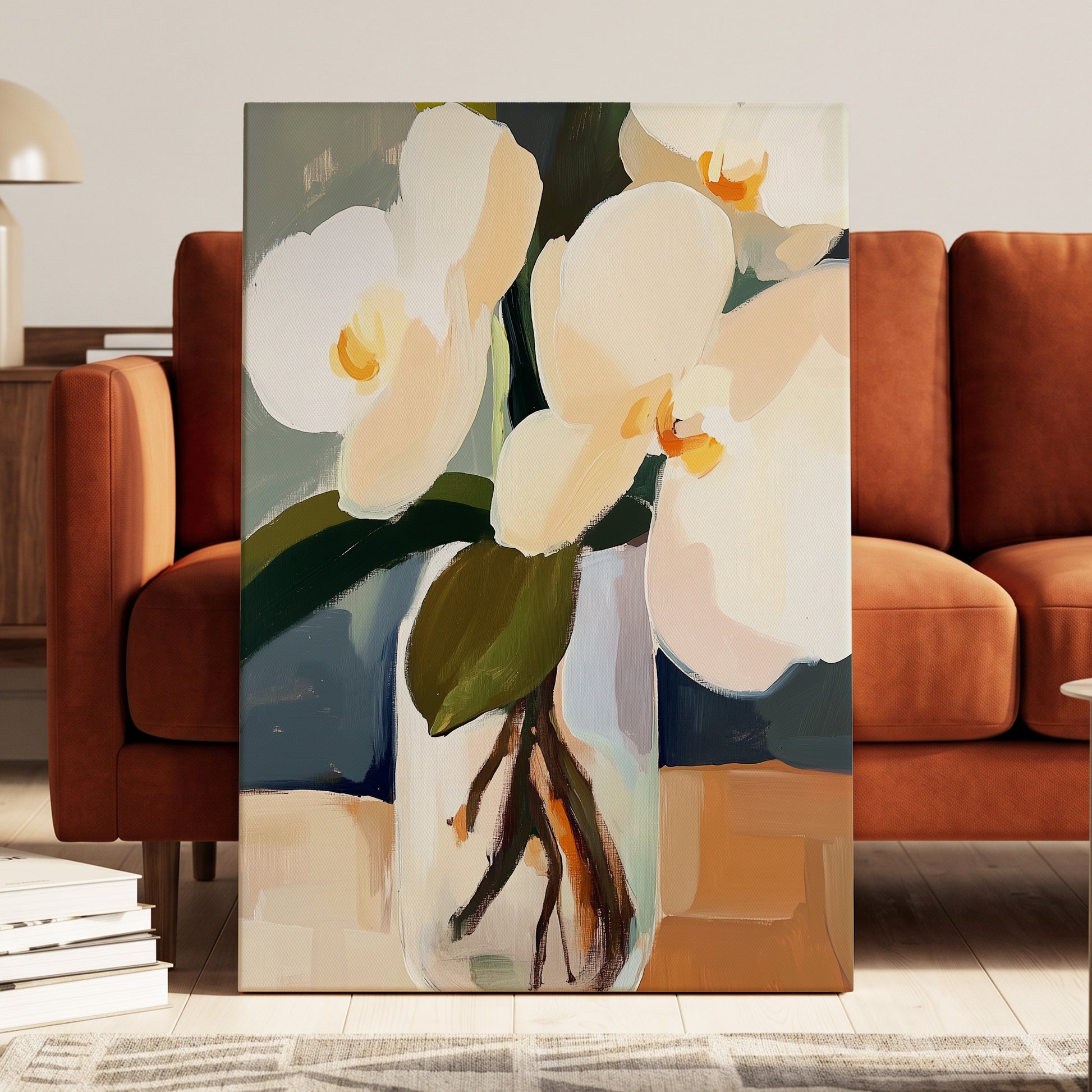 Orchid Reverie, white, beige, green floral wall art displayed in a styled interior, gallery view 3