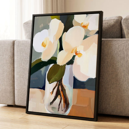 Orchid Reverie, white, beige, green floral wall art displayed in a styled interior, gallery view 4