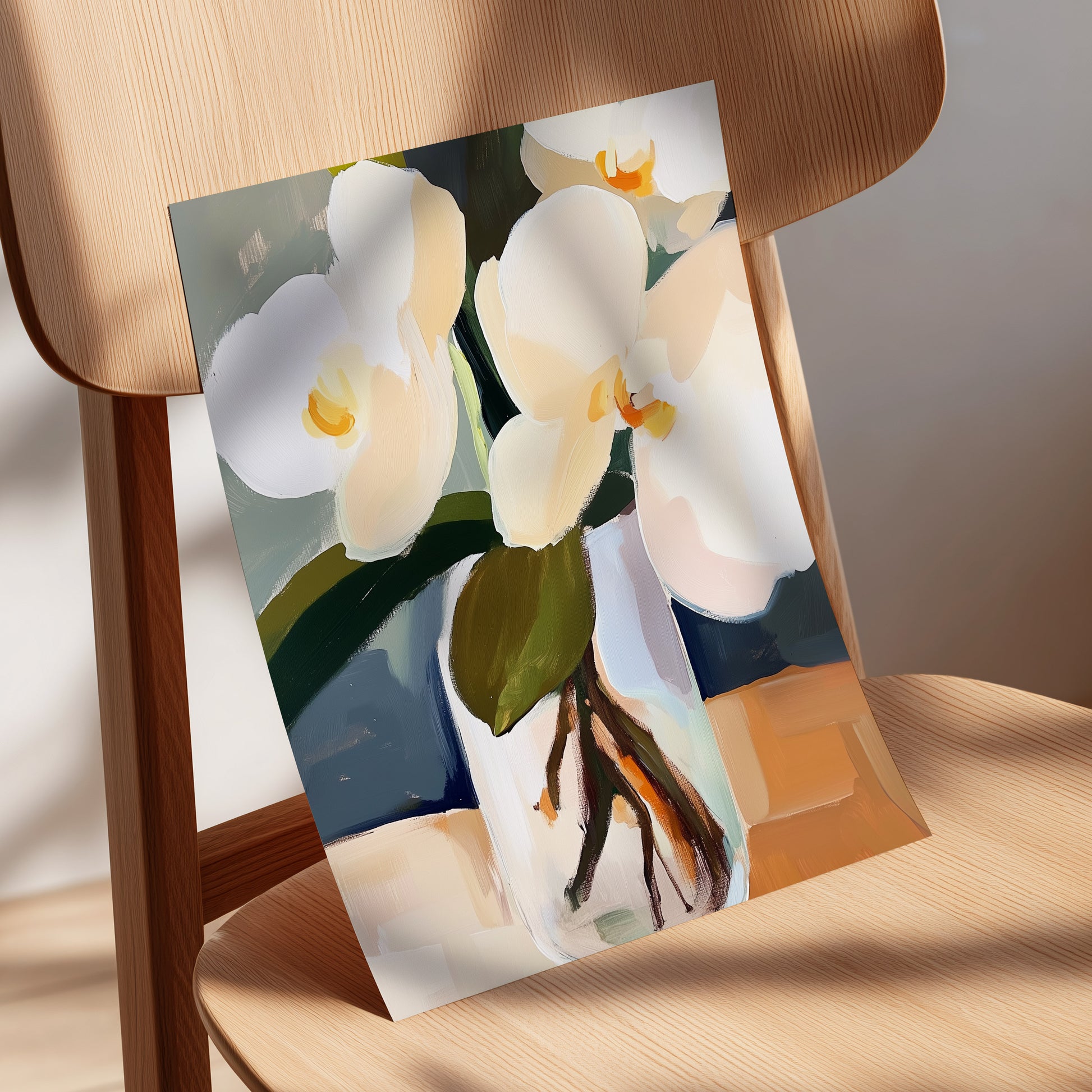 Orchid Reverie, white, beige, green floral wall art displayed in a styled interior, gallery view 5