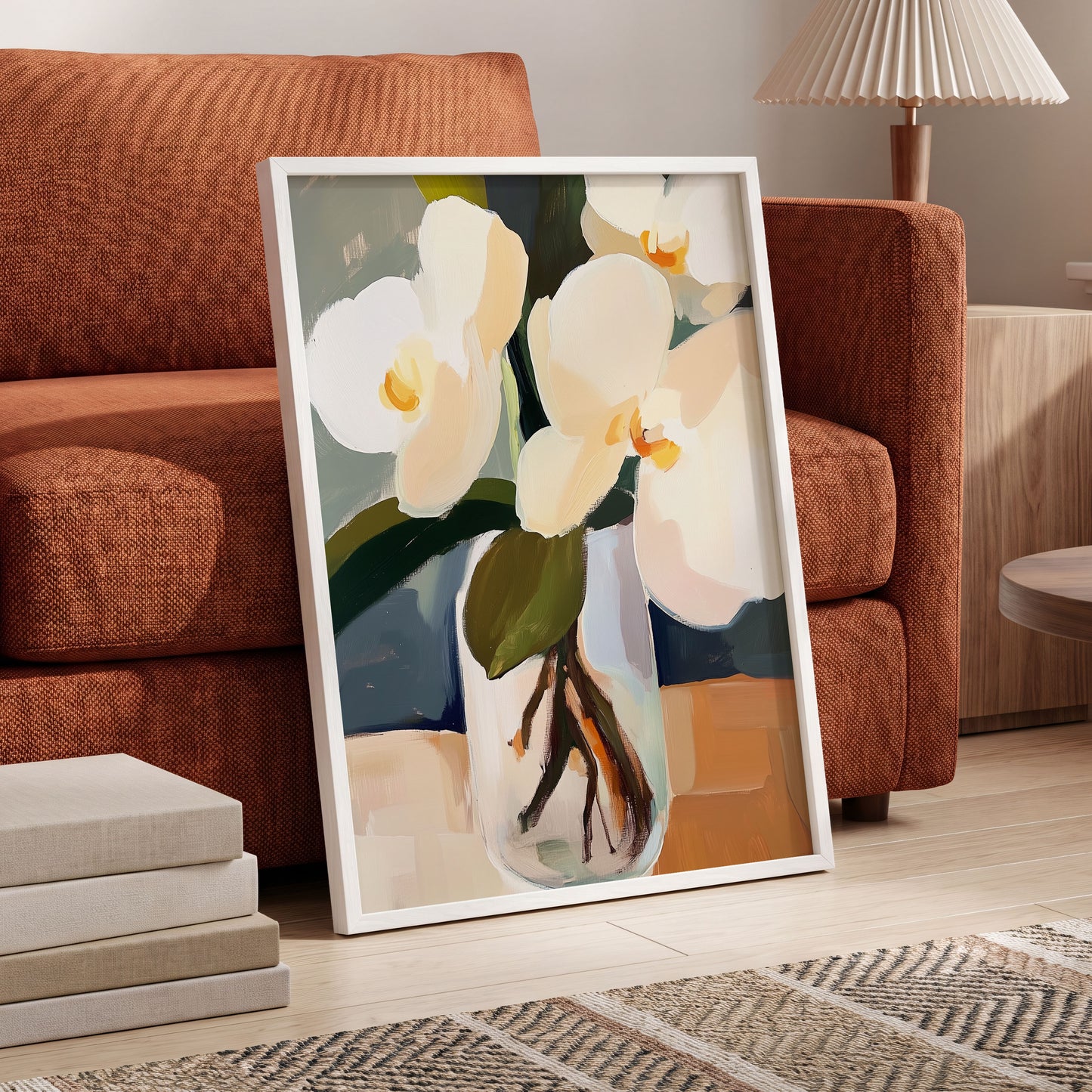 Orchid Reverie, white, beige, green floral wall art displayed in a styled interior, gallery view 6