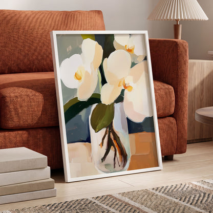 Orchid Reverie, white, beige, green floral wall art displayed in a styled interior, gallery view 6