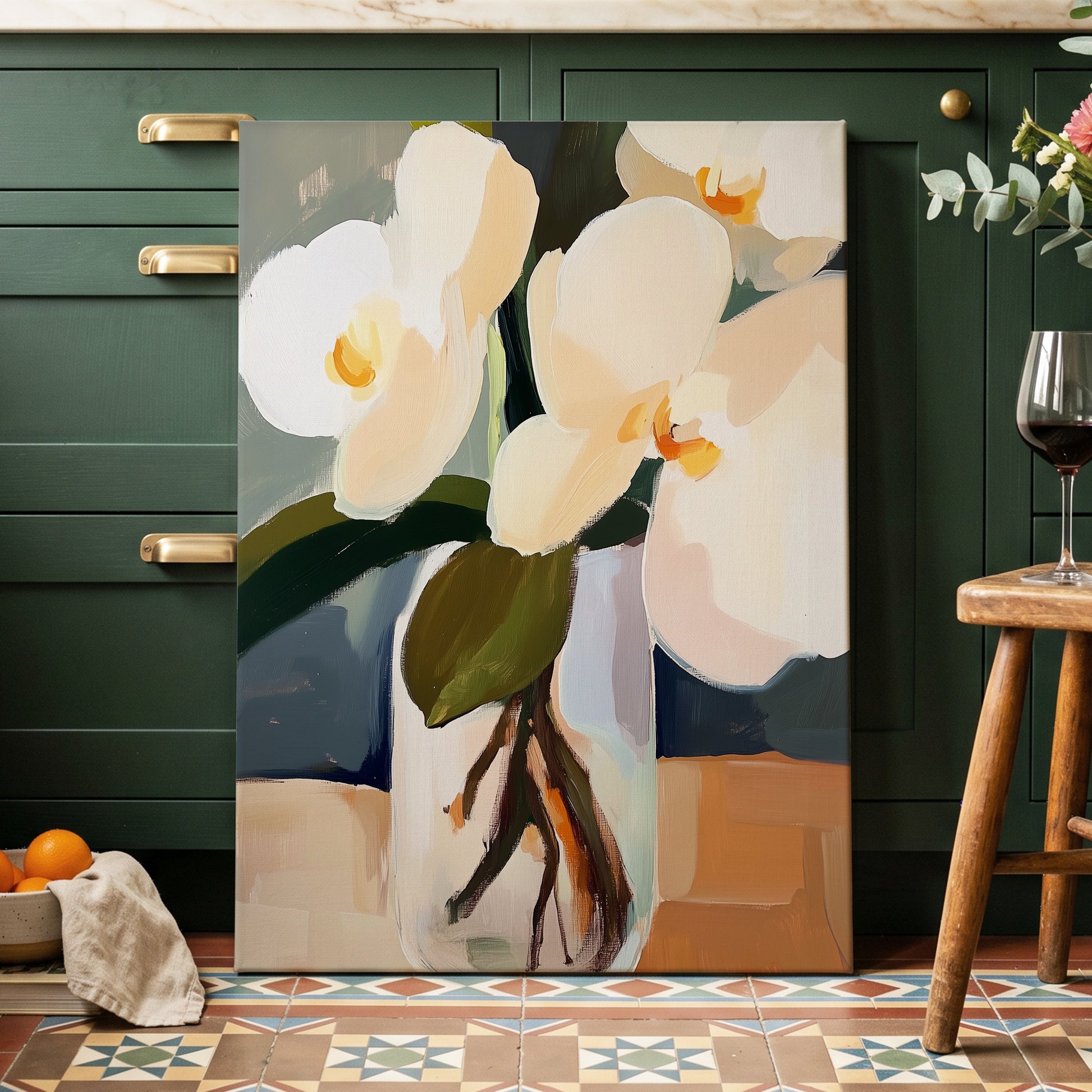 Orchid Reverie, white, beige, green floral wall art displayed in a styled interior, gallery view 7