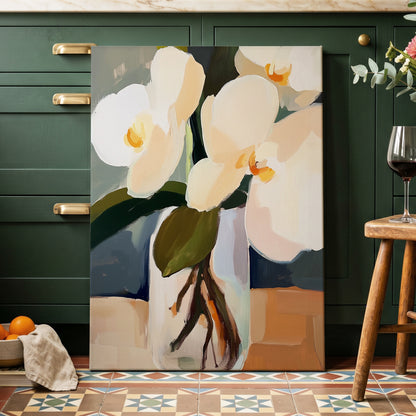 Orchid Reverie, white, beige, green floral wall art displayed in a styled interior, gallery view 7
