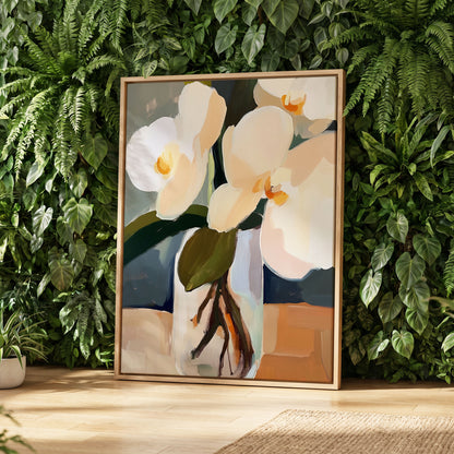 Orchid Reverie, white, beige, green floral wall art displayed in a styled interior, gallery view 8