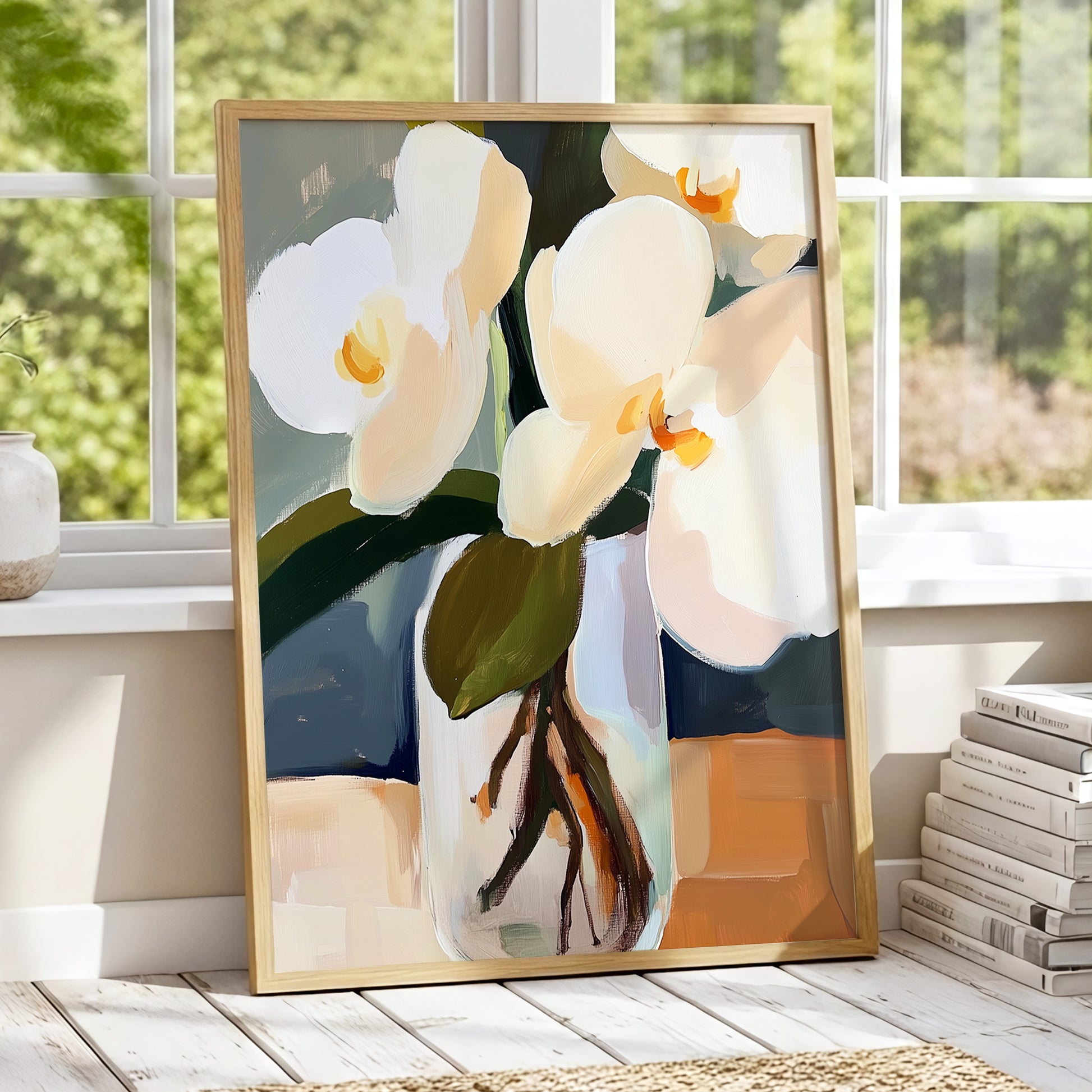 Orchid Reverie, white, beige, green floral wall art displayed in a styled interior, gallery view 9