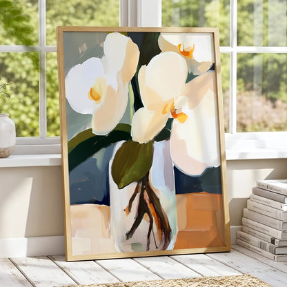 Orchid Reverie, white, beige, green floral wall art displayed in a styled interior, gallery view 9