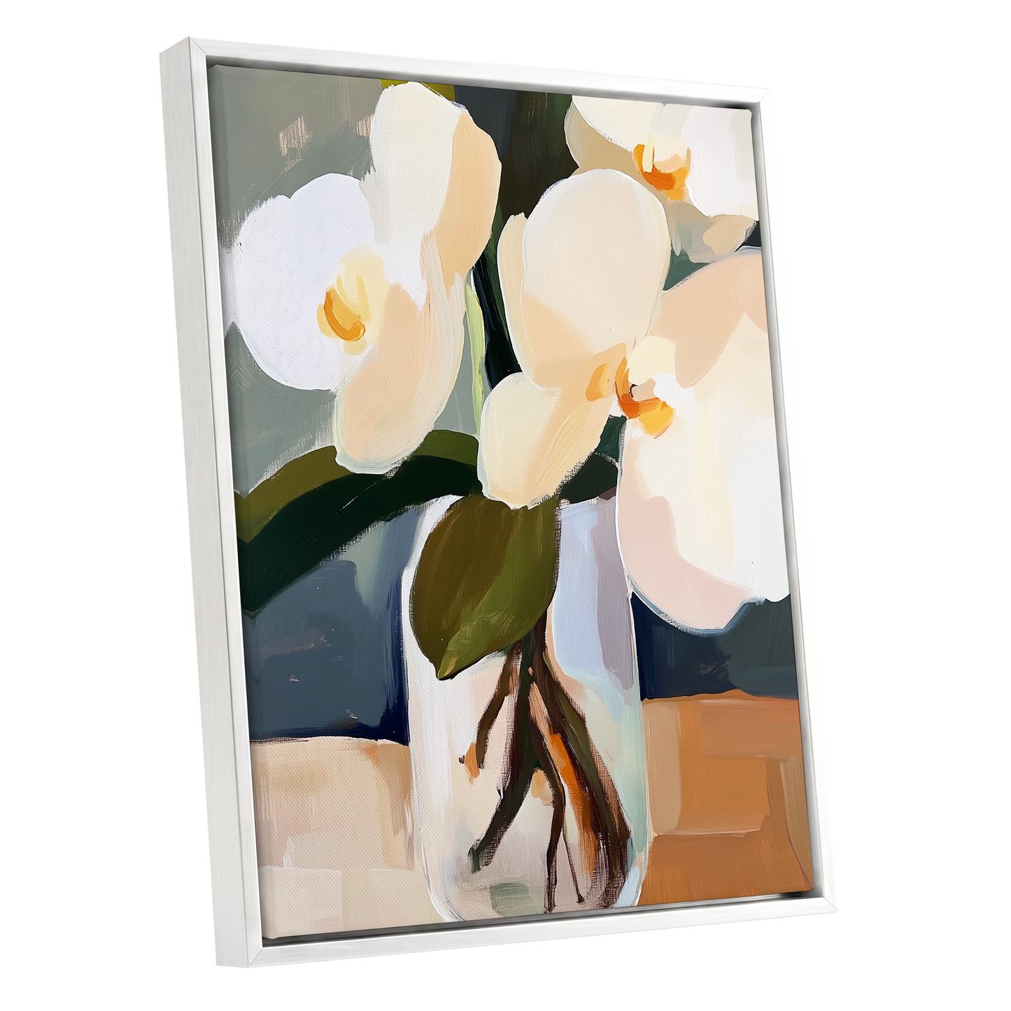 Orchid Reverie, white, beige, green floral wall art shown as a white framed canvas wall art
