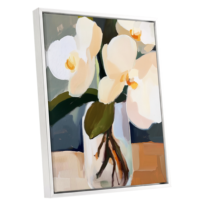 Orchid Reverie, white, beige, green floral wall art shown as a white framed canvas wall art