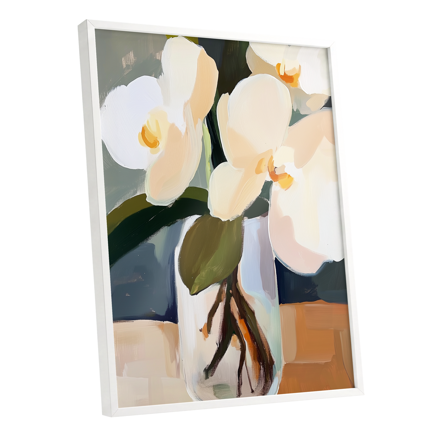 Orchid Reverie, white, beige, green floral wall art shown as a white framed poster wall art print
