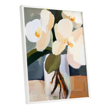 Orchid Reverie, white, beige, green floral wall art shown as a white framed poster wall art print