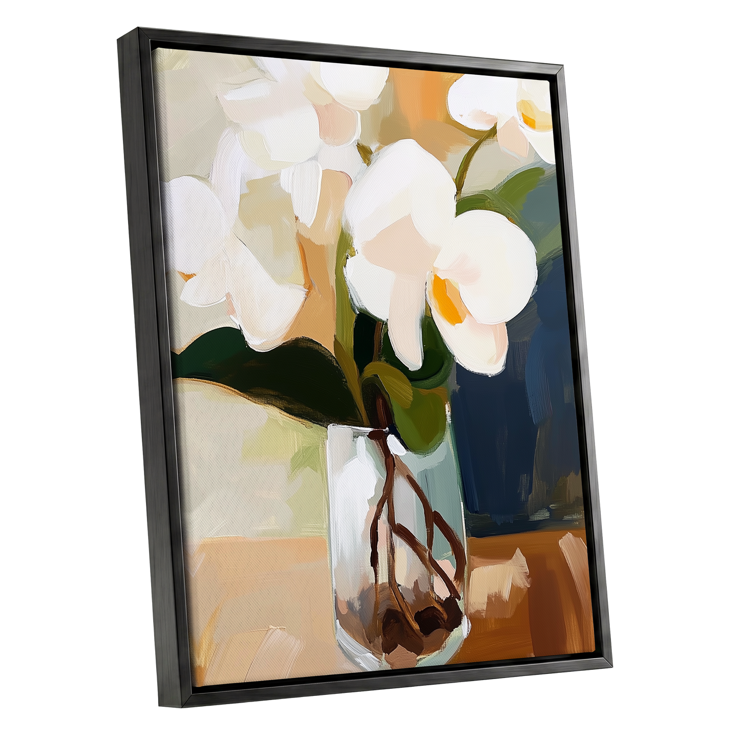 Orchids in Amber Light, white, green, beige floral wall art shown as a black framed canvas wall art