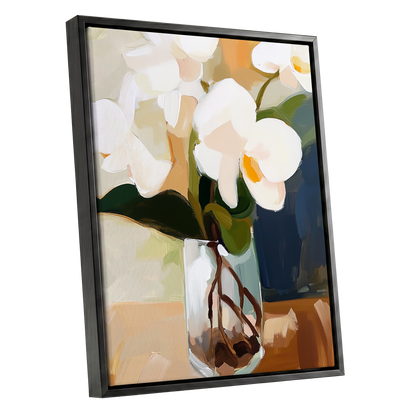 Orchids in Amber Light, white, green, beige floral wall art shown as a black framed canvas wall art
