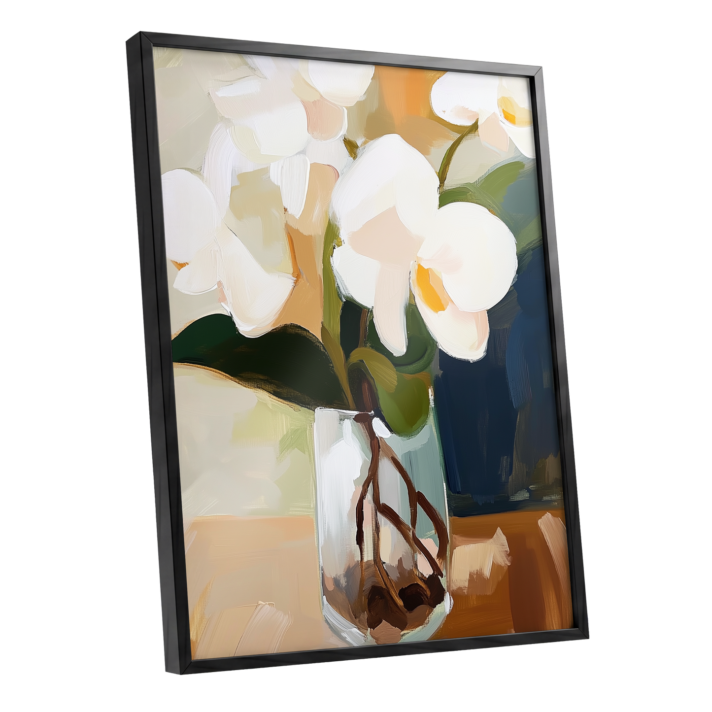 Orchids in Amber Light, white, green, beige floral wall art shown as a black framed poster wall art print