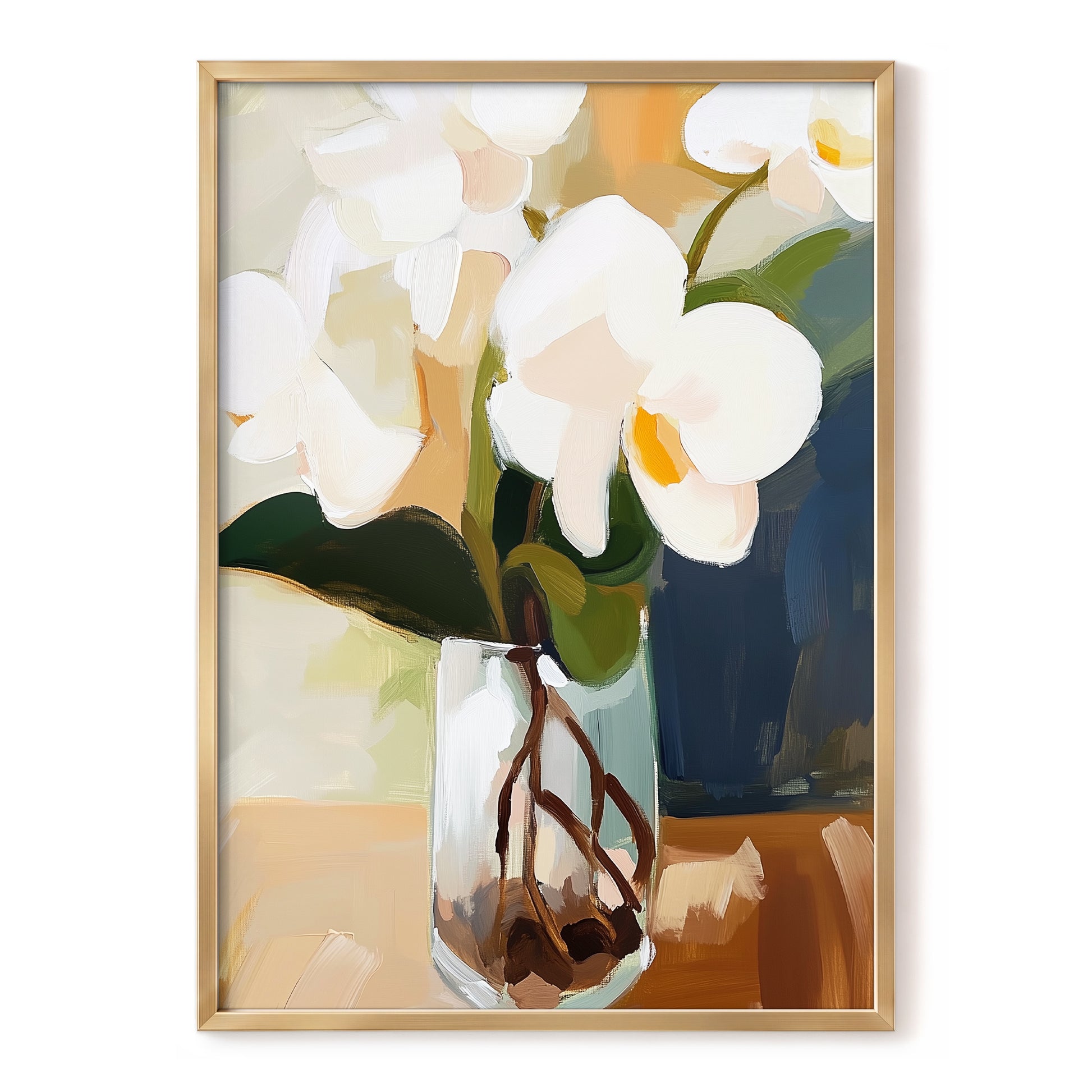 Orchids in Amber Light, white, green, beige floral wall art, front artwork view