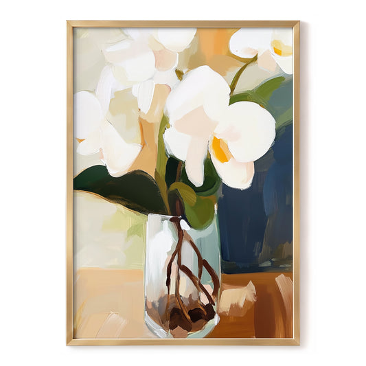 Orchids in Amber Light, white, green, beige floral wall art, front artwork view