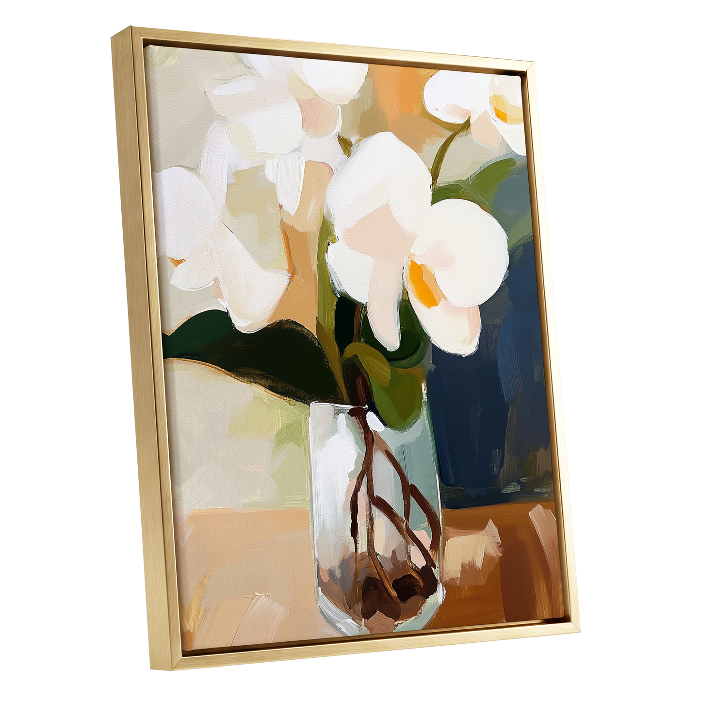 Orchids in Amber Light, white, green, beige floral wall art shown as a gold framed canvas wall art