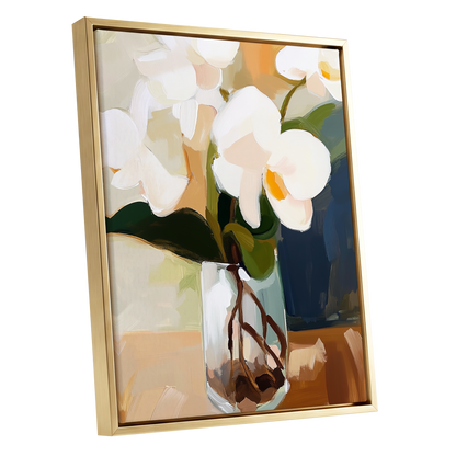Orchids in Amber Light, white, green, beige floral wall art shown as a gold framed canvas wall art