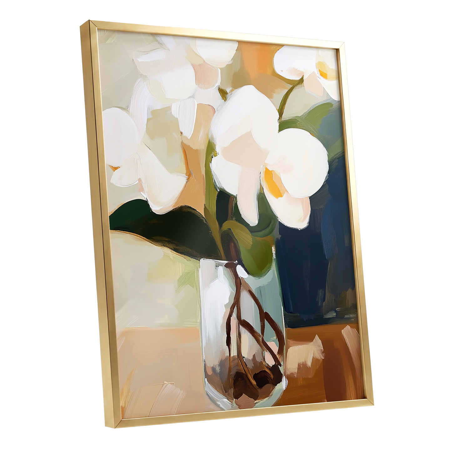 Orchids in Amber Light, white, green, beige floral wall art shown as a gold framed poster wall art print