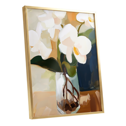 Orchids in Amber Light, white, green, beige floral wall art shown as a gold framed poster wall art print