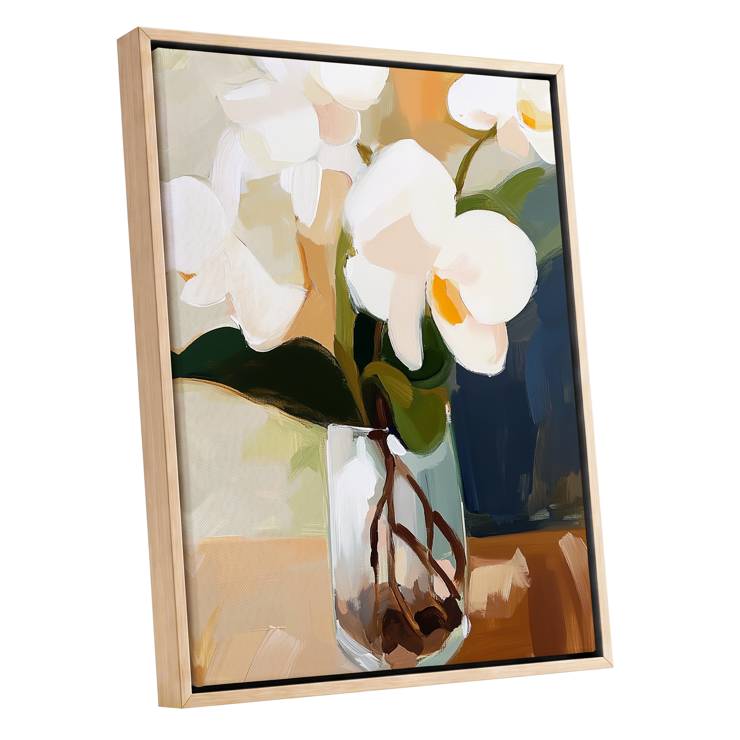 Orchids in Amber Light, white, green, beige floral wall art shown as a oak framed canvas wall art