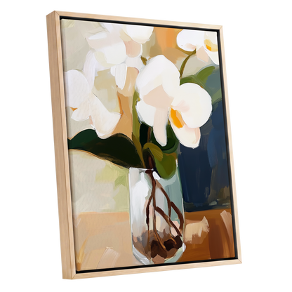 Orchids in Amber Light, white, green, beige floral wall art shown as a oak framed canvas wall art