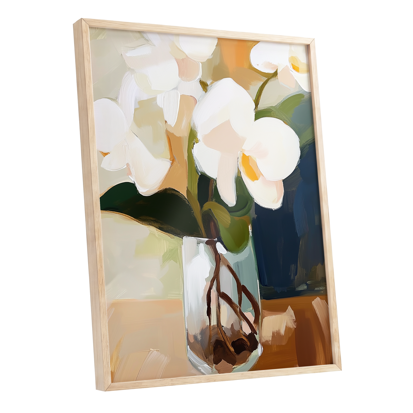 Orchids in Amber Light, white, green, beige floral wall art shown as a oak framed poster wall art print