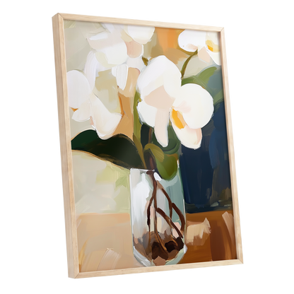 Orchids in Amber Light, white, green, beige floral wall art shown as a oak framed poster wall art print
