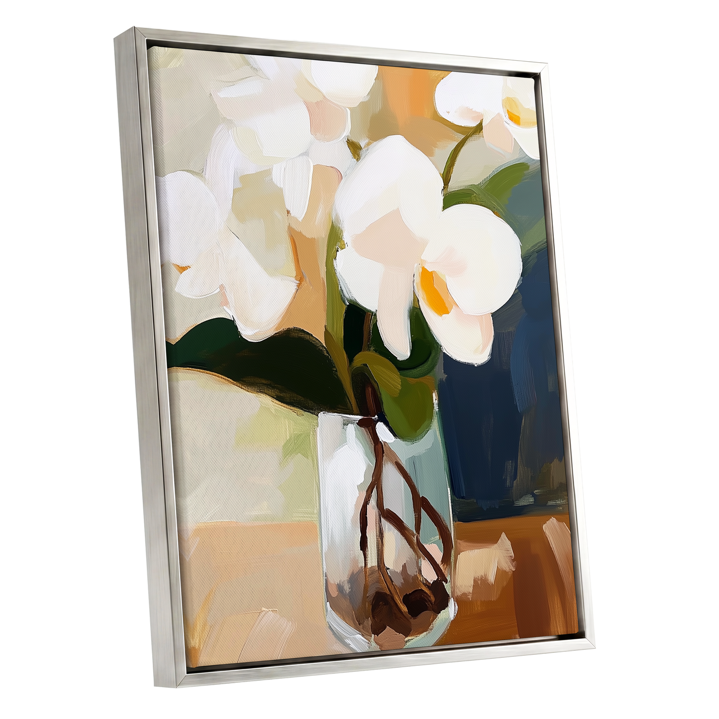 Orchids in Amber Light, white, green, beige floral wall art shown as a silver framed canvas wall art