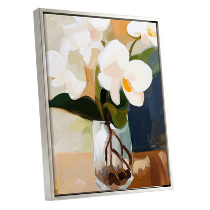 Orchids in Amber Light, white, green, beige floral wall art shown as a silver framed canvas wall art