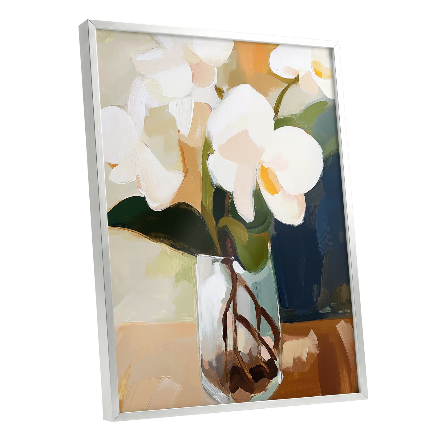 Orchids in Amber Light, white, green, beige floral wall art shown as a silver framed poster wall art print
