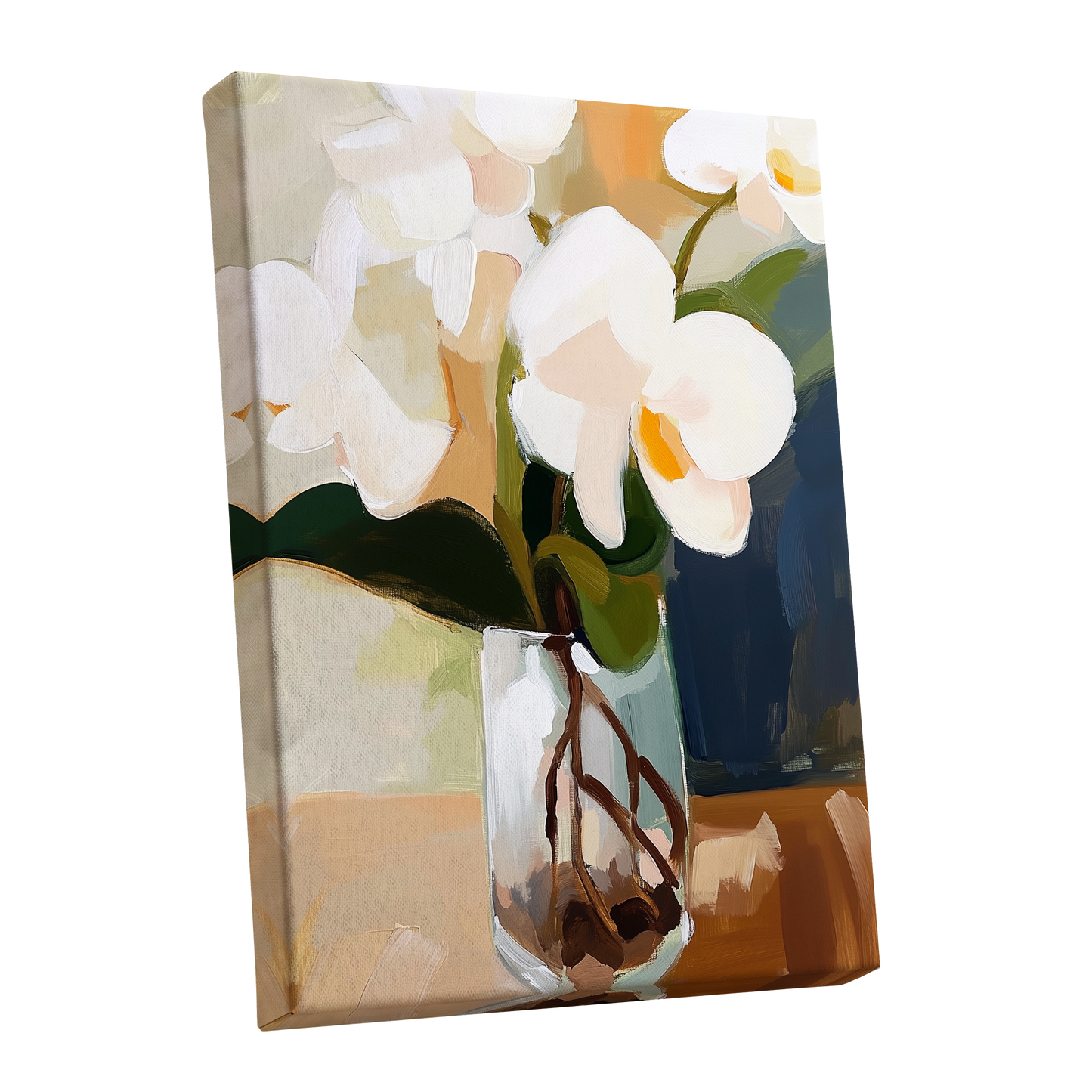 Orchids in Amber Light, white, green, beige floral wall art shown as a stretched canvas wall art