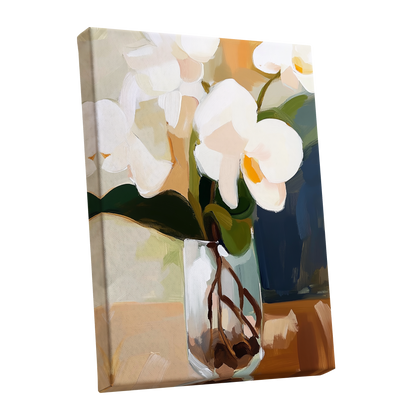 Orchids in Amber Light, white, green, beige floral wall art shown as a stretched canvas wall art