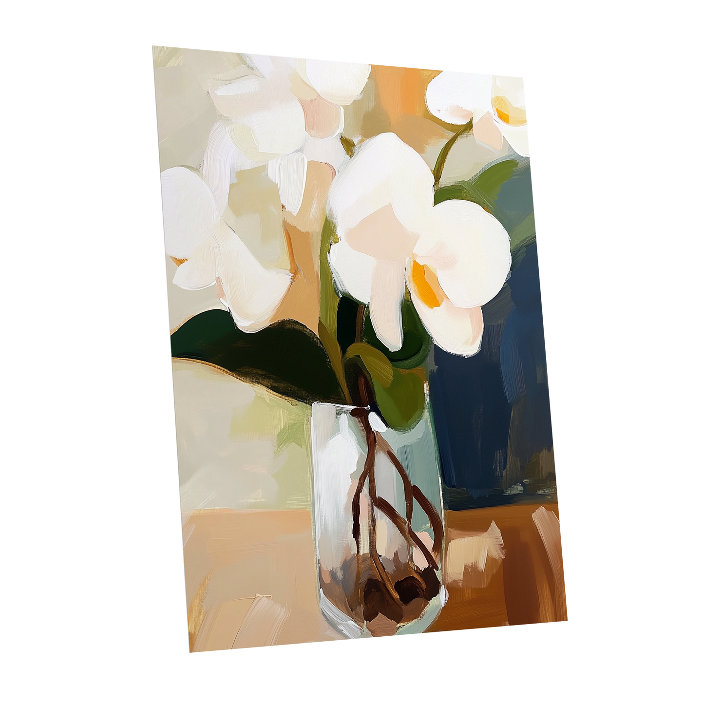 Orchids in Amber Light, white, green, beige floral wall art shown as a unframed poster wall art print