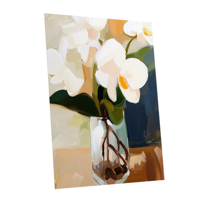 Orchids in Amber Light, white, green, beige floral wall art shown as a unframed poster wall art print