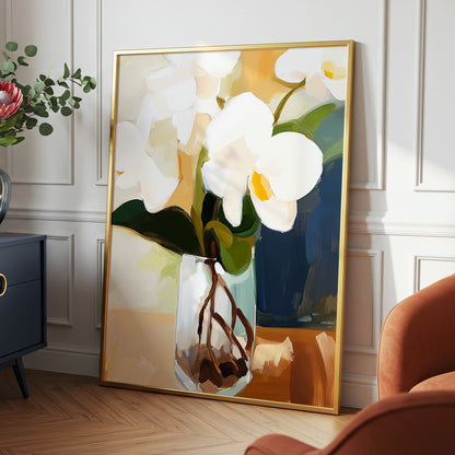 Orchids in Amber Light, white, green, beige floral wall art displayed in a styled interior, gallery view 2