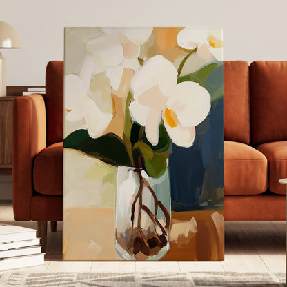 Orchids in Amber Light, white, green, beige floral wall art displayed in a styled interior, gallery view 3