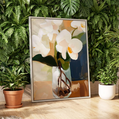 Orchids in Amber Light, white, green, beige floral wall art displayed in a styled interior, gallery view 4