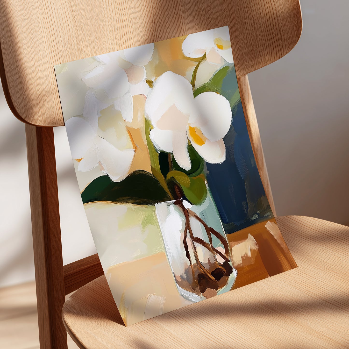 Orchids in Amber Light, white, green, beige floral wall art displayed in a styled interior, gallery view 5