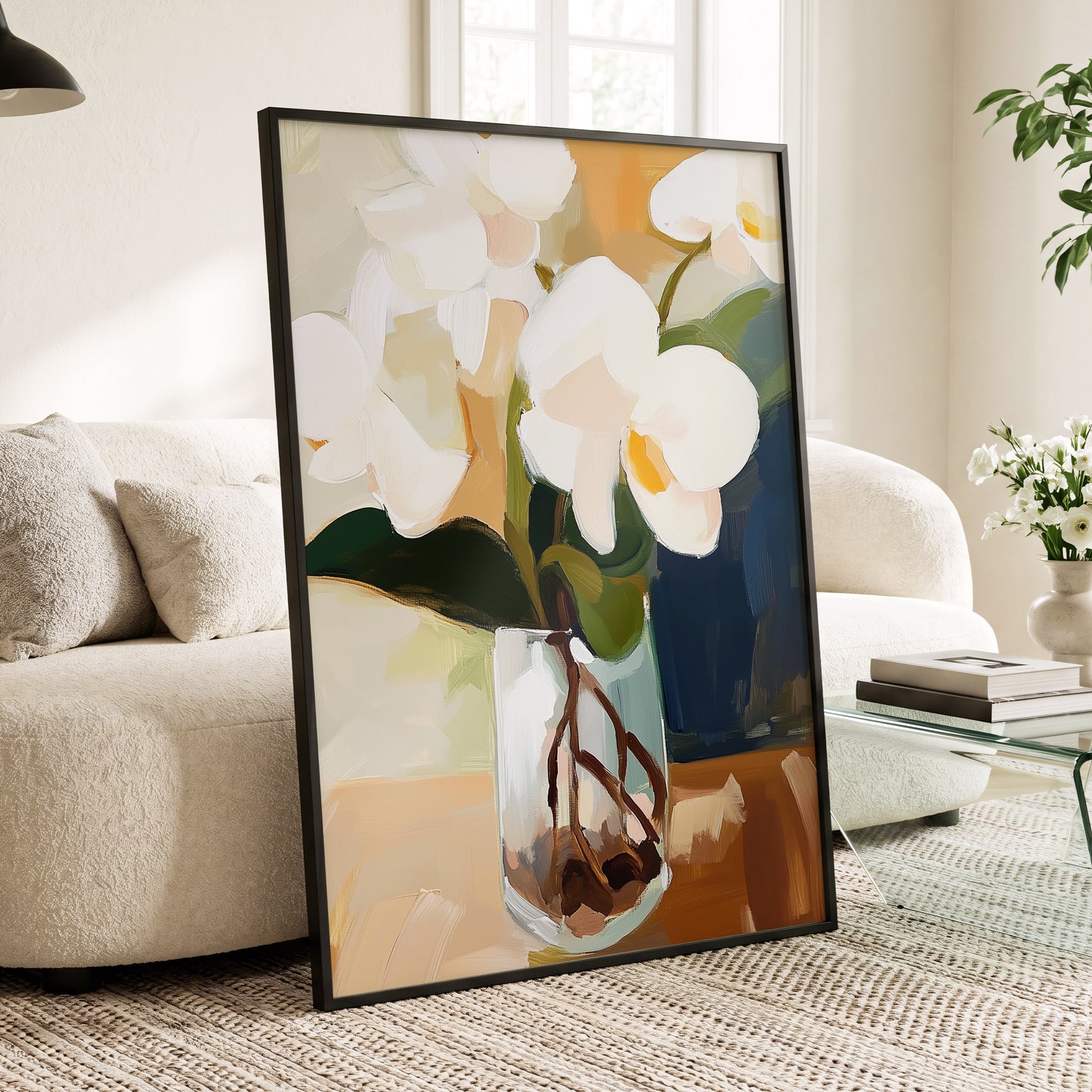 Orchids in Amber Light, white, green, beige floral wall art displayed in a styled interior, gallery view 6