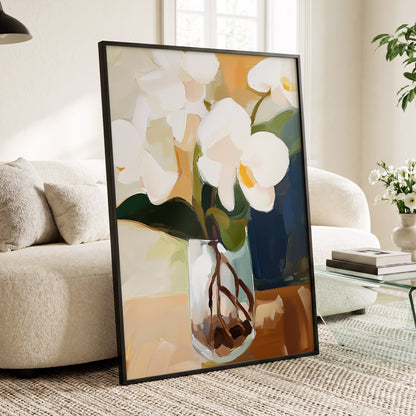 Orchids in Amber Light, white, green, beige floral wall art displayed in a styled interior, gallery view 6
