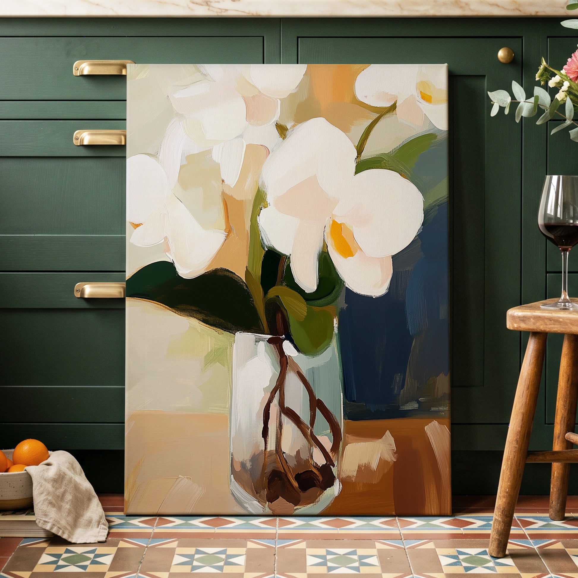 Orchids in Amber Light, white, green, beige floral wall art displayed in a styled interior, gallery view 7
