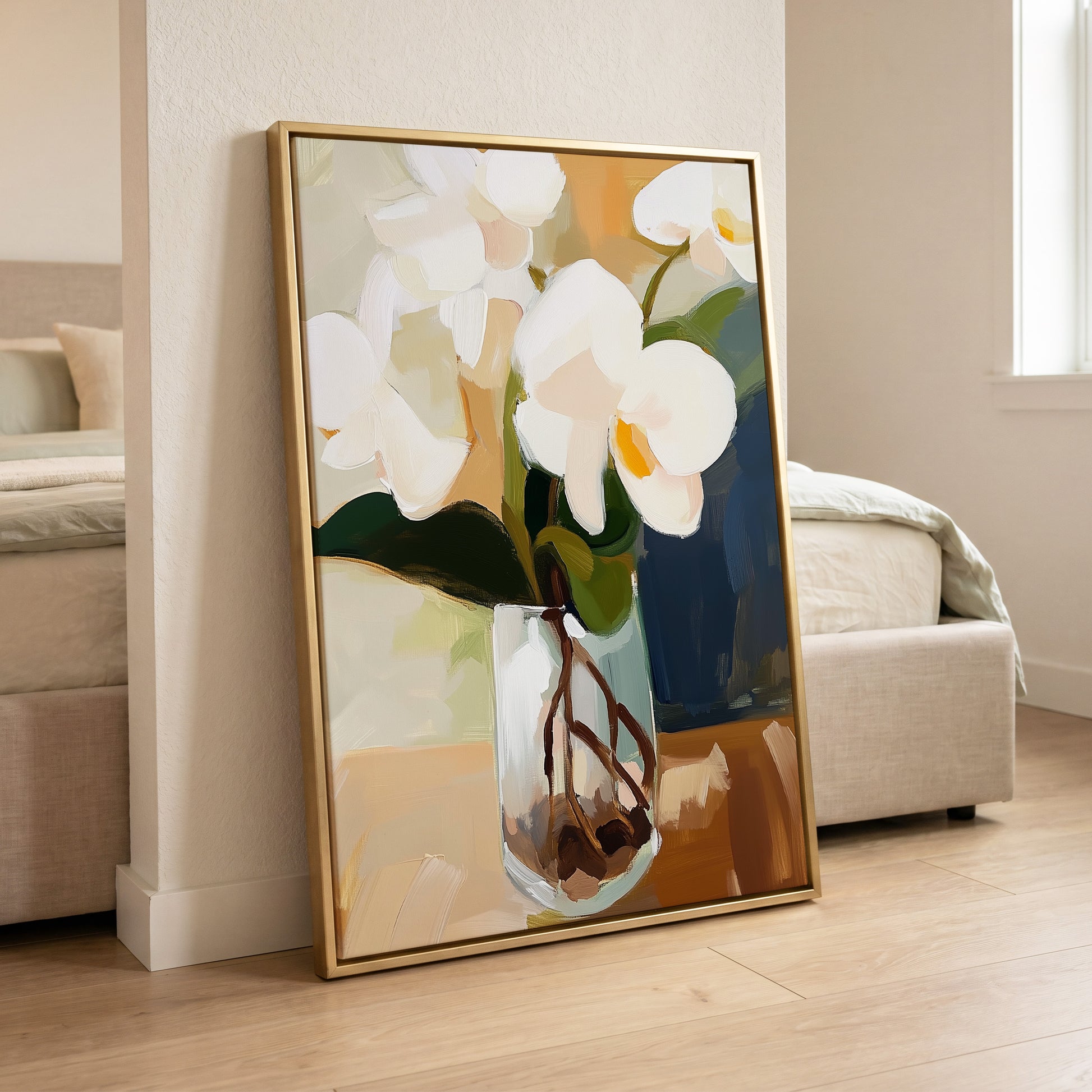 Orchids in Amber Light, white, green, beige floral wall art displayed in a styled interior, gallery view 8